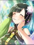  artist_request blush closed_eyes dempagumi double_bun eating eyebrows_visible_through_hair foodgasm green_hair hand_on_own_cheek hand_on_own_face highres nemue official_art phantom_of_the_kill short_hair smile spoon_in_mouth tree 
