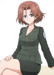  1girl arm_support azumi_(girls_und_panzer) bangs black_jacket black_skirt brown_hair closed_mouth commentary emblem eyebrows_visible_through_hair girls_und_panzer hand_on_leg jacket legs_crossed long_sleeves looking_at_viewer military military_uniform miniskirt no_shirt omachi_(slabco) parted_bangs pencil_skirt selection_university_(emblem) selection_university_military_uniform short_hair sitting skirt smile solo uniform white_background 