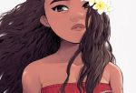  1girl bare_shoulders brown_eyes brown_hair close-up curly_hair dark_skin disney expressionless eyebrows face floating_hair flower grey_background hair_flower hair_ornament long_hair looking_at_viewer moana_(movie) moana_waialiki plumeria simple_background solo_focus tank_top teeth upper_body white_flower wind wind_lift yellow_flower 