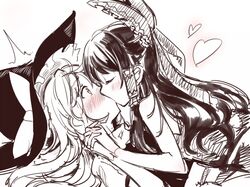  2girls asutora bare_arms bare_shoulders blush bow closed_eyes eyebrows_visible_through_hair frilled_bow frills from_side hair_bow hair_tubes hakurei_reimu hat hat_bow heart interlocked_fingers kirisame_marisa kiss kiss_day monochrome multiple_girls profile sidelocks simple_background sketch spot_color touhou upper_body white_background witch_hat yellow_eyes yuri 