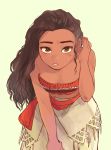  1girl bare_arms bare_shoulders breasts brown_eyes brown_hair dark_skin disney expressionless hand_in_hair long_hair looking_at_viewer moana_(movie) moana_waialiki simple_background skirt solo_focus sweatdrop tank_top teeth upper_body yellow_background 