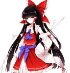  1girl ascot bangs bare_shoulders black_hair blue_neckwear bow brown_eyes cowboy_shot detached_sleeves eyebrows_visible_through_hair frilled_bow frilled_shirt_collar frills full_body gohei hair_bow hair_tubes hakurei_reimu hand_on_hip high_heels highres holding long_hair long_sleeves midriff_peek petticoat red_bow red_skirt red_vest ribbon-trimmed_sleeves ribbon_trim sheya shoes sidelocks signature simple_background skirt sleeves_past_fingers sleeves_past_wrists solo standing touhou very_long_hair vest white_background wide_sleeves 