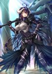  1girl :d adsouto ahoge albedo armored_boots artist_name axe black_cape black_pants boobplate boots breastplate breasts breasts_apart cape covered_navel floating_hair gauntlets hair_between_eyes hand_on_hilt highres holding holding_axe horns large_breasts long_hair open_mouth over_shoulder overlord_(maruyama) pants purple_hair shoulder_armor slit_pupils smile solo spaulders standing sunlight very_long_hair waist_cape weapon weapon_over_shoulder yellow_eyes 