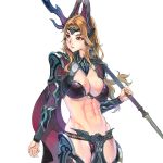  1girl abs armor bikini_armor blonde_hair breasts cleavage cowboy_shot f.s. gorget green_eyes horns large_breasts lips long_hair looking_back navel on_shoulder original polearm serious shoulder_armor solo spaulders spear standing transparent_background vambraces warrior weapon wind 