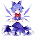  1girl artist_name blue_bow blue_dress blue_eyes blue_hair blue_wings bobby_socks bow bowtie center_frills cirno cowboy_shot crossed_arms dress eyebrows_visible_through_hair full_body hair_between_eyes hair_bow highres ice ice_wings looking_at_viewer petticoat puffy_short_sleeves puffy_sleeves red_bow red_neckwear ribbon_trim sheya shirt short_hair short_sleeves signature simple_background socks solo standing touhou v-shaped_eyebrows white_background white_shirt wings wrist_cuffs 