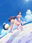  2girls absurdres beach beach_volleyball bikini blue_sky brown_eyes brown_hair clouds dark_green_hair day eyebrows_visible_through_hair flat_chest floral_print green_eyes hair_ornament hairclip harukana_receive highres knee_pads lens_flare multiple_girls navel ocean official_art open_mouth outdoors short_hair sky sunagawa_mai sweat swimsuit tanahara_ai twintails volleyball 