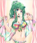  1girl alternate_hairstyle bangs bikini blue_eyes breasts cleavage commentary_request eyebrows_visible_through_hair floral_print frilled_bikini frills frog_hair_ornament front-tie_bikini front-tie_top fule green_hair hair_ornament hair_up head_tilt holding holding_towel kochiya_sanae large_breasts long_hair looking_at_viewer multicolored multicolored_bikini multicolored_clothes navel open_mouth ponytail print_bikini scrunchie sidelocks smile solo standing swimsuit touhou towel upper_body white_scrunchie 