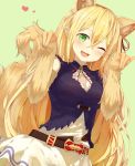  1girl :3 :d absurdres animal_ears arisa_(shadowverse) bangs bare_shoulders belt blush breasts brown_belt cleavage cleavage_cutout commentary_request dress dutch_angle elbow_gloves extra_ears eyebrows_visible_through_hair fang fox_ears fox_girl fox_shadow_puppet fox_tail gloves green_background green_eyes hair_between_eyes hands_up heart highres large_breasts long_hair looking_at_viewer loose_belt neck_ribbon one_eye_closed open_mouth orange_gloves parted_bangs paw_gloves paws pointy_ears red_ribbon ribbon shadowverse simple_background sleeveless sleeveless_dress smile solo tail very_long_hair yamato_(muchuu_paradigm) 