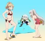  3girls :d air_pump arm_support asaya_minoru bangs bare_arms bare_legs bare_shoulders barefoot beach bell bikini black_gloves blue_sky blue_swimsuit bow breasts brown_eyes collarbone day elbow_gloves eyebrows_visible_through_hair fate/grand_order fate_(series) front-tie_bikini front-tie_top gloves green_bow green_eyes green_ribbon hair_between_eyes hair_bow hand_on_own_knee hand_up headpiece inflatable_dolphin inflatable_toy jeanne_d&#039;arc_(fate)_(all) jeanne_d&#039;arc_alter_santa_lily leaning_forward light_brown_hair long_hair marie_antoinette_(fate/grand_order) marie_antoinette_(swimsuit_caster)_(fate) mordred_(fate)_(all) mordred_(swimsuit_rider)_(fate) multiple_girls navel one-piece_swimsuit open_mouth outdoors parted_bangs red_bikini red_swimsuit ribbon sand school_swimsuit side-tie_bikini silver_hair sky small_breasts smile striped striped_bow striped_ribbon swimsuit twintails very_long_hair 