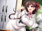  1girl ahoge blush breasts brown_hair food frills hair_ornament hair_ribbon hairclip kantai_collection kappougi large_breasts long_hair long_sleeves mamiya_(kantai_collection) mirisha ponytail ribbon solo violet_eyes 