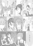  1boy 3girls admiral_(kantai_collection) akebono_(kantai_collection) bald bangs belt blunt_bangs blush breasts buttons closed_mouth collared_shirt comic double_bun dress epaulettes eyebrows_visible_through_hair flower frown greyscale hair_between_eyes hair_flower hair_ornament highres kantai_collection kasumi_(kantai_collection) long_hair michishio_(kantai_collection) military military_uniform monochrome multiple_girls naval_uniform neck_ribbon neckerchief parted_lips pinafore_dress pleated_skirt remodel_(kantai_collection) ribbon sailor_collar school_uniform serafuku shaded_face shirt short_sleeves side_ponytail skirt sleeves_rolled_up smile speech_bubble sweat taneichi_(taneiti) translation_request twintails uniform 