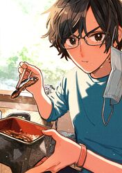  1boy asa_no_ha_(pattern) black_eyes blue_shirt brown_hair chopsticks commentary_request eating food glasses highres keishin long_sleeves looking_at_viewer mask mask_removed mouth_mask original shirt short_hair solo surgical_mask white_mask 