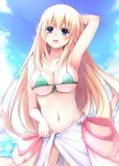  1girl bikini blonde_hair blue_eyes blush breasts clouds doria_(5073726) eyebrows_visible_through_hair hand_on_own_head highres large_breasts long_hair looking_at_viewer navel neptune_(series) open_mouth sky smile solo swimsuit vert very_long_hair 