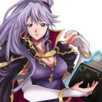  1girl blue_eyes book breasts cape elbow_gloves fire_emblem fire_emblem:_seisen_no_keifu gloves holding holding_book ishtar_(fire_emblem) large_breasts long_hair looking_at_viewer pauldrons purple_hair rem_sora410 simple_background smile solo white_background 
