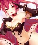  1girl absurdres animal_ears armor armpits bangs bare_shoulders bikini_armor black_choker black_gloves blush bow breasts cerberus_(shingeki_no_bahamut) choker cleavage collarbone commentary_request dog_ears dog_girl dutch_angle eyebrows_visible_through_hair gloves hair_between_eyes hand_puppet hands_up highres large_breasts long_hair looking_at_viewer narrow_waist navel open_mouth puppet raised_eyebrows red_bow red_eyes redhead shadowverse shingeki_no_bahamut solo strapless twintails very_long_hair wide_hips yamato_(muchuu_paradigm) 