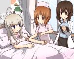  3girls alternate_costume bangs bed bed_sheet black_skirt blouse blue_eyes blue_shirt brown_eyes brown_hair closed_mouth collared_shirt curtains doctor dress eyebrows_visible_through_hair frown girls_und_panzer ground_vehicle hat indoors injection itsumi_erika kumo_(atm) labcoat long_hair looking_at_another lying medium_skirt military military_vehicle motor_vehicle multiple_girls needle nishizumi_maho nishizumi_miho nurse nurse_cap on_back pajamas pencil_skirt pillow pink_blouse pink_dress pink_hat shirt short_hair short_sleeves siblings silver_hair sisters skirt standing sweatdrop tank translation_request trembling wavy_mouth white_coat window 