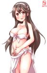  1girl artist_logo bikini black_hair breasts brown_eyes cleavage commentary_request dated front-tie_top hairband haruna_(kantai_collection) highres kanon_(kurogane_knights) kantai_collection large_breasts long_hair looking_at_viewer open_mouth sarong side-tie_bikini simple_background smile solo standing swimsuit white_background white_bikini white_sarong 