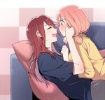  2girls ^_^ bang_dream! bangs blue_shirt blush checkered checkered_background clenched_hand closed_eyes couch from_side green_eyes hand_on_another&#039;s_cheek hand_on_another&#039;s_face long_hair low_twintails lying_on_person medium_hair multiple_girls open_mouth pillow pout re_ghotion shirt short_sleeves smile sweatdrop twintails udagawa_tomoe uehara_himari v-shaped_eyebrows yellow_shirt yuri 