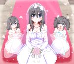  3girls :d :o black_hair blue_eyes blush breasts bridal_veil bride burn_scar child cleavage collarbone commentary_request dorei_to_no_seikatsu_~teaching_feeling~ dress elbow_gloves eyebrows_visible_through_hair eyes_visible_through_hair gloves hair_between_eyes hair_ornament hairclip highres long_hair looking_at_another looking_at_viewer mother_and_daughter multiple_girls older open_mouth petals scar smile strapless strapless_dress sylvie_(dorei_to_no_seikatsu) takahiko twintails veil wedding wedding_dress white_dress white_gloves 