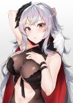  1girl absurdres alternate_costume arm_behind_head azur_lane bangs black_swimsuit blush breasts cleavage eyebrows_visible_through_hair graf_zeppelin_(azur_lane) grey_background groin hair_between_eyes hand_on_own_chest head_tilt highres iron_cross jacket jacket_on_shoulders large_breasts long_hair looking_at_viewer messy_hair navel navel_cutout one-piece_swimsuit open_mouth red_eyes sidelocks silver_hair simple_background solo swimsuit taut_clothes taut_swimsuit thighs upper_body very_long_hair wrist_straps yayoichi_(yoruyoru108) 