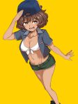  1girl absurdres akiyama_yukari aomushi_(mushamusha) backwards_hat bangs baseball_cap black_footwear blue_hat breasts brown_eyes brown_hair casual cleavage commentary_request denim denim_shorts dutch_angle eyebrows_visible_through_hair front-tie_top girls_und_panzer green_shorts grey_shirt hat highres looking_at_viewer medium_breasts messy_hair open_clothes open_mouth open_shirt salute shirt shoes short_hair short_shorts short_sleeves shorts simple_background smile solo standing tan white_bikini_top yellow_background 