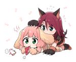  ... 2girls all_fours animal_ears bang_dream! bangs biting blue_eyes bone chew_toy chibi dog_ears dog_tail ear_biting flying_sweatdrops gloves green_eyes hair_between_eyes hand_on_another&#039;s_head long_hair low_twintails lying medium_hair multiple_girls on_stomach paw_gloves paws pink_hair re_ghotion redhead simple_background spoken_ellipsis spoken_sweatdrop sweatdrop tail twintails udagawa_tomoe uehara_himari v-shaped_eyebrows white_background 