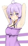  1girl ahoge armpits arms_up bangs bare_shoulders blush breasts closed_mouth collarbone commentary_request criss-cross_halter dress eyebrows_visible_through_hair hair_between_eyes hair_in_mouth halterneck kohakope purple_dress purple_hair small_breasts solo violet_eyes voiceroid white_background yuzuki_yukari 