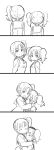  2girls 4koma :d ^_^ arms_at_sides blush closed_eyes closed_eyes closed_mouth comic dot_nose embarrassed facing_away facing_viewer from_side furrowed_eyebrows greyscale hair_ornament hair_ribbon highres hug kazuno_leah kazuno_sarah long_sleeves looking_at_viewer love_live! love_live!_sunshine!! mezashi_(mezamashi_set) monochrome multiple_girls neck_ribbon open_mouth ribbon sailor_collar saint_snow school_uniform serafuku siblings side_ponytail silent_comic simple_background sisters smile tareme tsurime twintails upper_body wavy_mouth white_background 