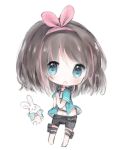  1girl :d a.i._channel animal bangs barefoot big_head black_shorts blue_eyes blue_jacket blush brown_hair chibi clothed_animal cottontailtokki eyebrows_visible_through_hair hair_between_eyes hair_ribbon highres jacket kizuna_ai long_hair midriff multicolored_hair navel open_clothes open_jacket open_mouth pink_hair pink_ribbon rabbit ribbon shirt short_shorts short_sleeves shorts simple_background smile solo standing streaked_hair virtual_youtuber white_background white_shirt 