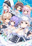  6+girls :d ahoge animal_ears ascot ayanami_(azur_lane) azur_lane bangs bare_shoulders belfast_(azur_lane) black_dress black_gloves black_sailor_collar blue_eyes blue_shirt blush bow braid breasts brown_hair cat_ears cleavage closed_mouth commentary_request criss-cross_halter dress ears_through_headwear enterprise_(azur_lane) eyebrows_visible_through_hair fingerless_gloves gloves green_eyes hair_between_eyes hair_bow halterneck hat headgear high_ponytail highres kindergarten_uniform kisaragi_(azur_lane) large_breasts lifebuoy light_brown_hair long_hair long_sleeves looking_at_viewer maid_headdress multiple_girls mutsuki_(azur_lane) open_mouth peaked_cap pink_hair ponytail purple_hair red_bow sailor_collar sawa_(sawasaku) school_hat shirt silver_hair sleeveless sleeveless_shirt small_breasts smile unicorn_(azur_lane) very_long_hair violet_eyes white_dress white_hat yellow_hat yellow_neckwear 