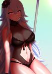  1girl alternate_costume arm_behind_head azur_lane bangs black_swimsuit blush breasts cleavage crossed_bangs graf_zeppelin_(azur_lane) hair_between_eyes highres large_breasts long_hair looking_at_viewer messy_hair navel navel_cutout one-piece_swimsuit open_mouth red_eyes shade shiny shiny_skin sidelocks silver_hair skindentation solo swimsuit taut_clothes taut_swimsuit the_only_shoe thighs very_long_hair wrist_straps 
