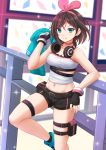  1girl a.i._channel bangs bare_shoulders belt_buckle black_belt black_gloves black_shorts blue_eyes blue_jacket blush breasts brown_hair buckle closed_mouth commentary eyebrows_visible_through_hair fingerless_gloves gloves hair_between_eyes hair_ribbon headphones headphones_around_neck heart highres jacket jacket_removed kazenokaze kizuna_ai medium_breasts multicolored_hair pink_hair pink_ribbon ribbon romaji_commentary shirt short_hair short_shorts short_sleeves shorts smile solo standing standing_on_one_leg strapless streaked_hair virtual_youtuber white_shirt 