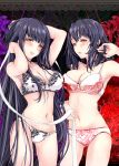  2girls armpits bangs bare_shoulders black_hair blush bra breasts cleavage collarbone cowboy_shot eyebrows_visible_through_hair fusou_(kantai_collection) groin hair_ornament half-closed_eyes hand_in_hair hands_in_hair kantai_collection large_breasts lingerie long_hair looking_at_viewer multiple_girls navel open_mouth panties parted_lips red_eyes rizzl short_hair sidelocks skindentation smile stomach thighs underwear underwear_only yamashiro_(kantai_collection) 