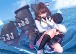  1girl bangs belt black_skirt breasts brown_eyes brown_hair cannon chains commentary day full_body hair_ribbon holding holding_sword holding_weapon ise_(kantai_collection) kantai_collection katana large_breasts looking_to_the_side nontraditional_miko ocean open_mouth panties pantyshot ponytail remodel_(kantai_collection) ribbon rigging sandals shiragiku1991 skirt sky solo squatting sword undershirt underskirt underwear weapon 