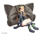  1girl artist_name bangs black_legwear blush boots cat_ear_headphones cat_girl cat_pillow cat_tail character_name closed_eyes commentary covered_mouth eyebrows_visible_through_hair facing_viewer girls_frontline green_ribbon grey_footwear grey_jacket gun headphones holding holding_gun holding_weapon jacket long_sleeves object_namesake ribbon seero simple_background sitting sleeves_past_wrists socks solo steyr_tmp submachine_gun tail tail_ribbon tmp_(girls_frontline) weapon white_background 