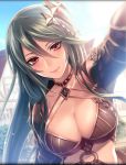  1girl armor artist_request blush breasts choker cleavage gae_bolg_(phantom_of_the_kill) green_hair highres house jewelry large_breasts long_hair looking_at_viewer o-ring official_art phantom_of_the_kill red_eyes solo 