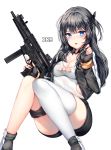  1girl absurdres ass bangs black_collar black_gloves black_hair black_shorts blush braid breasts character_name cleavage daewoo_xk9 detached_collar eyebrows_visible_through_hair fingerless_gloves french_braid girls_frontline gloves gun hair_between_eyes hair_ornament hand_up highres holding holding_gun holding_weapon jacket long_hair long_sleeves medium_breasts open_clothes open_jacket open_mouth original painteen playing_with_own_hair shoes short_shorts shorts sidelocks simple_background single_thighhigh skindentation submachine_gun tank_top tareme thigh-highs thigh_strap thighs weapon white_background white_legwear white_tank_top 