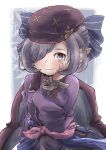  1girl blush bow closed_mouth granblue_fantasy grey_hair hair_bow hair_over_one_eye hand_on_own_cheek harvin hat highres kotobukkii_(yt_lvlv) long_sleeves looking_at_viewer nio_(granblue_fantasy) pointy_ears purple_hat smile solo striped striped_bow violet_eyes 