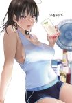  1girl alcohol bangs bare_arms bare_shoulders blue_tank_top blush breasts brown_hair cleavage commentary_request covered_navel cup drinking_glass earrings erect_nipples fan holding holding_drink holding_drinking_glass jewelry large_breasts original pao_(otomogohan) parted_lips red_eyes short_shorts shorts sideboob sitting sweat sweatdrop translated 