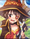  artist_request blush brown_hair cape dress eyepatch fingerless_gloves gloves grass hat holding holding_staff kono_subarashii_sekai_ni_shukufuku_wo! megumin official_art open_mouth phantom_of_the_kill red_dress red_eyes short_hair_with_long_locks staff witch_hat 