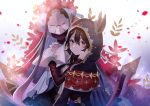  1girl bangs black_cape black_hair blue_flower blue_rose blush cape character_request commentary_request erune eyebrows_visible_through_hair flower granblue_fantasy hair_between_eyes hand_on_another&#039;s_cheek hand_on_another&#039;s_face hood hood_up hooded_cape looking_at_viewer looking_to_the_side myusha parted_lips red_eyes red_flower rose 
