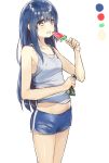 1girl bangs bare_arms bare_shoulders blue_eyes blue_hair blue_shorts blush breasts collarbone commentary_request eating eyebrows_visible_through_hair fingernails food food_on_face grey_tank_top groin hair_between_eyes hand_up highres holding holding_food long_hair navel original pomu popsicle short_shorts shorts small_breasts solo tank_top very_long_hair watermelon_bar 