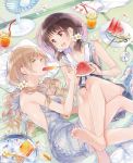  2girls :d backless_outfit bangs barefoot black_hair breasts brown_hair coaster commentary_request cup dress drinking_glass drinking_straw electric_fan eyebrows_visible_through_hair flower food frills fruit futaribeya grey_sweater hair_flower hair_ornament holding holding_fruit ice ice_cube kawawa_sakurako long_hair looking_at_another low_twintails lying medium_hair meme_attire mouth_hold multiple_girls on_back on_floor on_side open_mouth petals pillow plate popsicle popsicle_stick red_eyes ribbed_sweater round_teeth sailor_dress sideboob sleeveless sleeveless_dress smile sweater sweater_dress teeth towel twintails upper_teeth virgin_killer_sweater watermelon watermelon_seeds white_flower wind_chime yamabuki_kasumi yellow_eyes yukiko_(tesseract) 