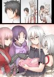  1boy 5girls baby black_hair blush commentary covering_face crown dress_of_heaven eyebrows_visible_through_hair faceless faceless_male fate/grand_order fate_(series) florence_nightingale_(fate/grand_order) fujimaru_ritsuka_(male) ginhaha gloves grin hair_between_eyes irisviel_von_einzbern jack_the_ripper_(fate/apocrypha) jeanne_d&#039;arc_(alter)_(fate) jeanne_d&#039;arc_(fate)_(all) long_hair minamoto_no_raikou_(fate/grand_order) multiple_girls pink_hair purple_hair red_eyes short_hair silver_hair smile 