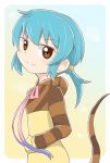  1girl aqua_hair brown_eyes commentary eyebrows_visible_through_hair hair_bobbles hair_ornament hand_in_pocket highres hood hood_down kemono_friends long_hair looking_at_viewer neck_ribbon pink_ribbon ribbon shiraha_maru simple_background smile snake_tail solo striped_hoodie tail tsuchinoko_(kemono_friends) upper_body 