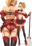  1girl ass back bare_shoulders black_legwear blonde_hair breasts broom commentary detached_sleeves fate/apocrypha fate_(series) garter_belt garter_straps green_eyes hand_on_own_cheek hips holding holding_broom lace lace-trimmed_thighhighs medium_breasts miniskirt mordred_(fate) mordred_(fate)_(all) multiple_views navel panties ponytail red_panties red_skirt simple_background skirt sweatdrop thigh-highs thighs underwear upskirt waist white_background yang-do 