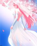  1girl backless_dress backless_outfit bare_shoulders bird blurry blurry_background bridal_veil cherry_blossoms closed_eyes closed_mouth darling_in_the_franxx detached_sleeves dress from_behind highres long_hair mcdobo petals pink_hair red_horns smile solo standing strapless strapless_dress veil wedding_dress white_dress wind zero_two_(darling_in_the_franxx) 