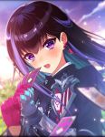  1girl armor artist_request black_hair blush card clouds earrings forcas gloves highres jewelry multicolored_hair official_art open_mouth phantom_of_the_kill pink_gloves two-tone_hair violet_eyes 