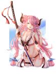  1girl bikini blue_eyes blush braid breasts chicami clouds collarbone day double_bun draph earrings frilled_bikini frills gluteal_fold granblue_fantasy groin hair_twirling head_tilt highres holding holding_sword holding_weapon horns jewelry katana large_breasts long_hair looking_at_viewer narmaya_(granblue_fantasy) navel outdoors parted_lips pink_hair pointy_ears sky smile solo standing star star_earrings swimsuit sword thigh_strap transparent_background twintails very_long_hair water weapon white_bikini 
