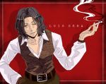  1boy ajent_n belt brown_hair character_name cigarette long_hair luis_sera male_focus one_eye_closed open_mouth red_background resident_evil resident_evil_4 smoke solo yellow_eyes 
